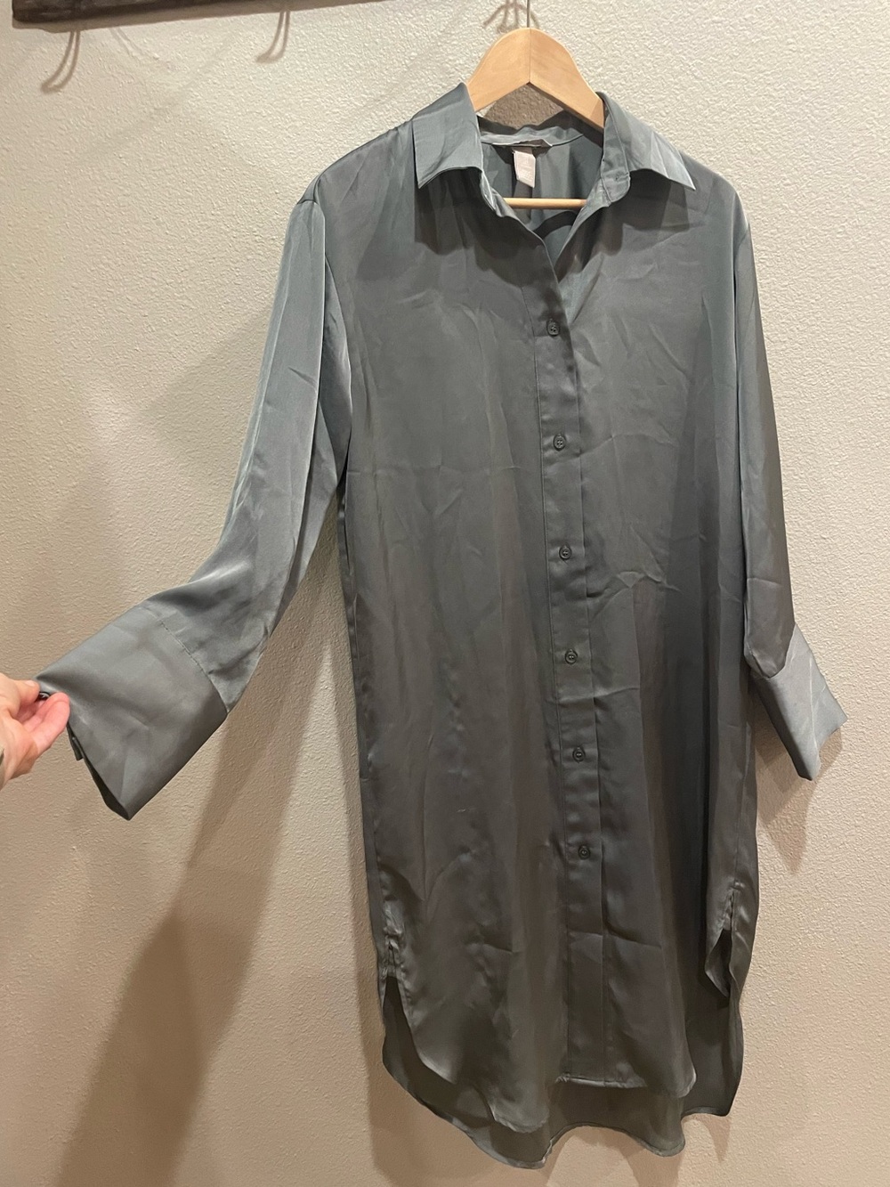 H&M Satin-Look Midi Shirt Dress in Slate Green